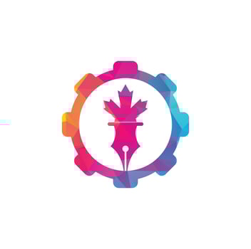 Pen and red maple leaf gear shape concept logo vector. Education Logo vector