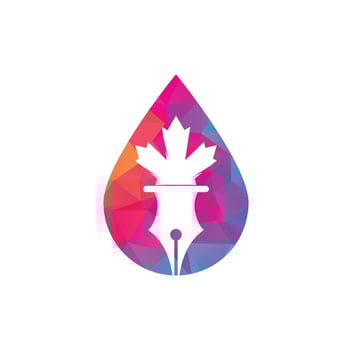 Pen and red maple leaf drop shape concept logo vector. Education Logo vector