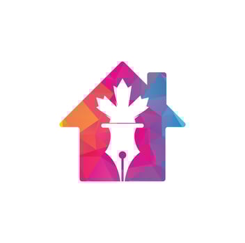 Pen and red maple leaf home shape concept logo vector. Education Logo vector