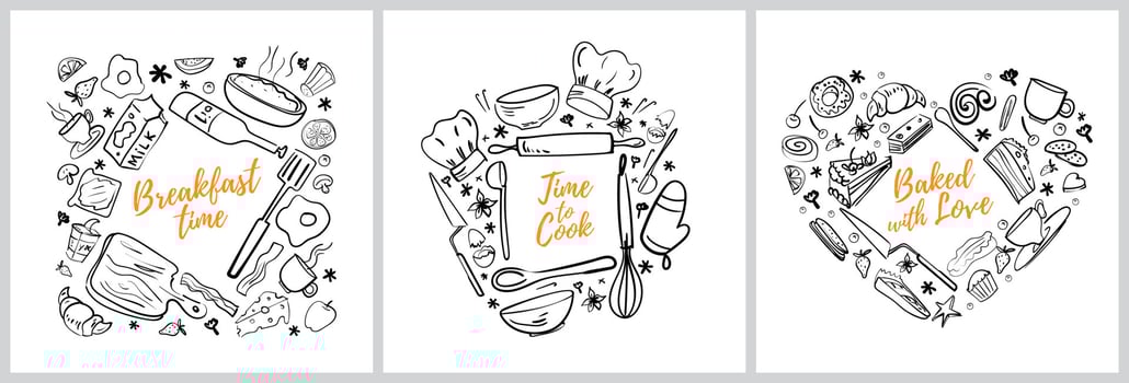 Cooking, baking and food background set. Cooking banner for menu, recipes at cafe, pastry shop, bakery. Square and heart doodle frame. Nice design and decorate element or card for bakery, pastry shop. vector