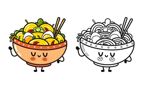 Funny cute happy ramen bowl characters bundle set. Vector hand drawn cartoon kawaii character illustration icon. Cute ramen bowl. Outline cartoon illustration for coloring book