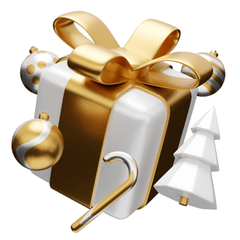 New Year and Christmas 3d design. Gold and white Realistic gifts box, xmas fir tree, ball, candy and decorative elements holiday banner. 3d render image of christmas holiday png