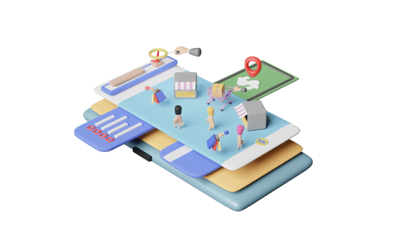 mobile phone or smartphone with store front, walking fingers, search magnifying, shopping cart, goods box, franchise business or online shopping concept, 3d illustration, 3d render png