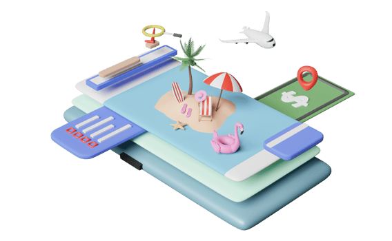 mobile phone or smartphone with palms, beach chair, banknote, pin, plane isolated. save money for summer travel vacation concept, 3d illustration or 3d render png