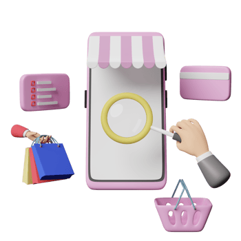 mobile phone or smartphone with store front, businessman hand holding magnifying glass, paper bags, shopping basket, online shopping or search data concept, 3d illustration or 3d render png