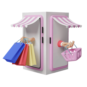 mobile phone or smartphone with store front, hand holding colorful shopping paper bags, shopping basket, credit card, franchise business or online shopping concept, 3d illustration or 3d render png