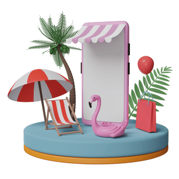 cylinder stage podium with mobile phone or smartphone store front, beach chair, Inflatable flamingo, palm leaf, shopping paper bags, online shopping summer sale concept, 3d illustration or 3d render png