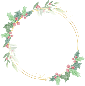 watercolor christmas leaf and red berry wreath with golden frame glitter png
