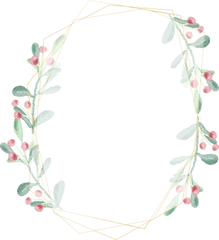 watercolor christmas leaf and red berry wreath with golden frame glitter png