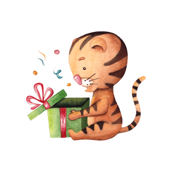Cute watercolor illustration with cartoon tiger opening a gift. Childrens hand drawn Merry Christmas illustration png