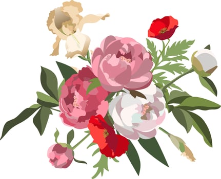 Vector bouquet of pink, white peonies, yellow iris flowers and red poppies isolated on a white background.