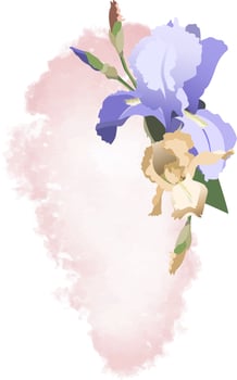 Floral template with purple and golden iris flowers with leaves on watercolor styled background vector