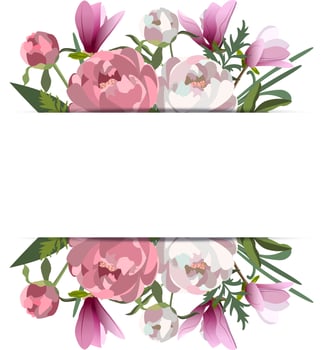 Pink wedding horizontal botanical vector design banner. Magnolias, peony flowers with leaves and stems.