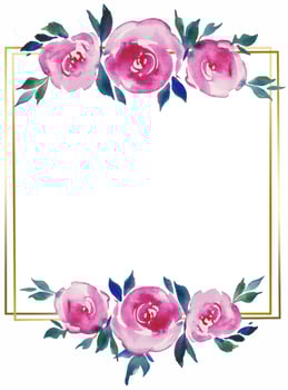 golden square frame with pink roses, floral design, wedding monogram, watercolor illustrations vector