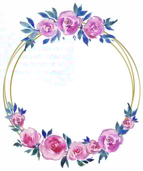 golden round frame with pink roses, floral design, wedding monogram, watercolor illustrations greeting cards vector