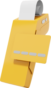 Payment Machine. NFC POS Terminal GPRS point with Paper Receipt and a credit card. Monochrome yellow color. Mockup screen. PNG on a transparent background. 3D rendering.