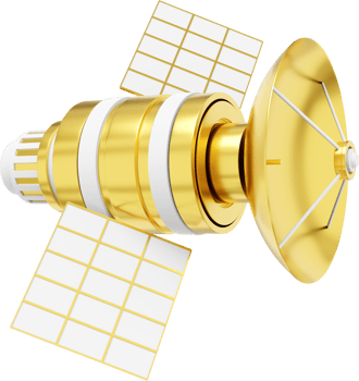Space satellite with an antenna. Orbital communication station intelligence, research. 3D rendering. Metallic gold PNG icon on transparent background.