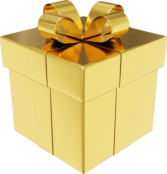 Realistic gold gift box with ribbon. 3D rendering. PNG Icon on transparent background.