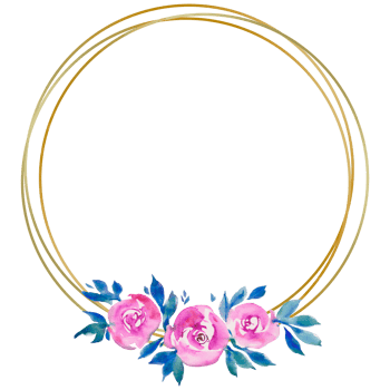 golden round frame with pink roses, floral design, wedding monogram, watercolor illustrations greeting cards png