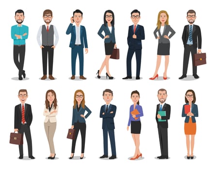 Group of business men and business women characters working in office vector