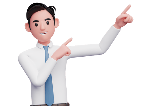 businessman in white shirt raising both hands pointing to the top right corner, 3d illustration of a businessman pointing to the top right corner with both finger png