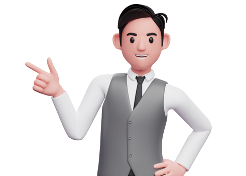 portrait of a businessman in gray vest suit pointing gun finger to the left, 3d illustration of a businessman in gray vest suit pointing with finger gun png