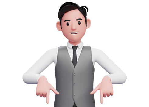 3d businessman pointing down, 3d illustration of businessman in gray vest suit pointing down png