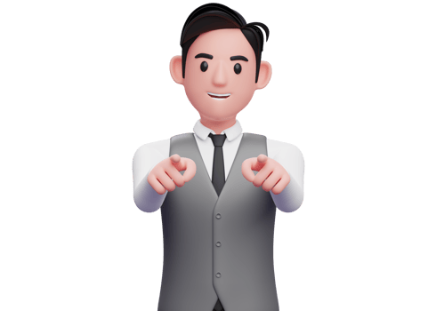 portrait of a businessman in gray vest suit pointing to the camera with both hand, 3d illustration of a businessman pointing camera with both index finger png