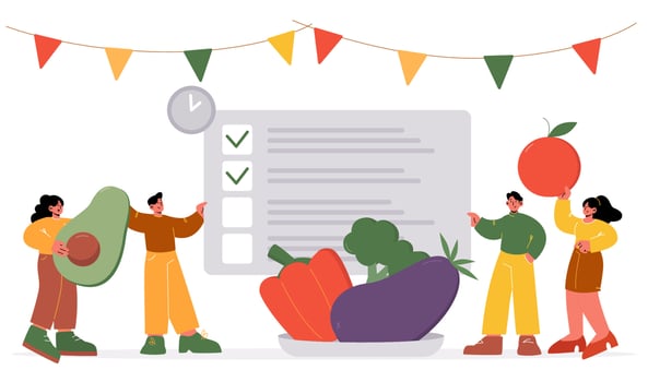 Tiny characters write list healthy eating products vector