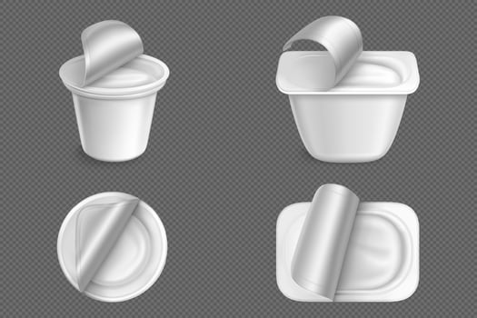 Open plastic containers with white yogurt vector