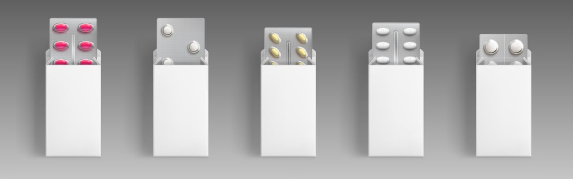 Blisters with medical drugs in open white boxes vector