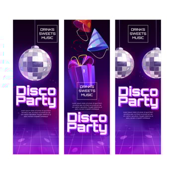 Disco party posters with cocktails, cake vector