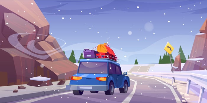 Winter landscape with road and car with luggage vector