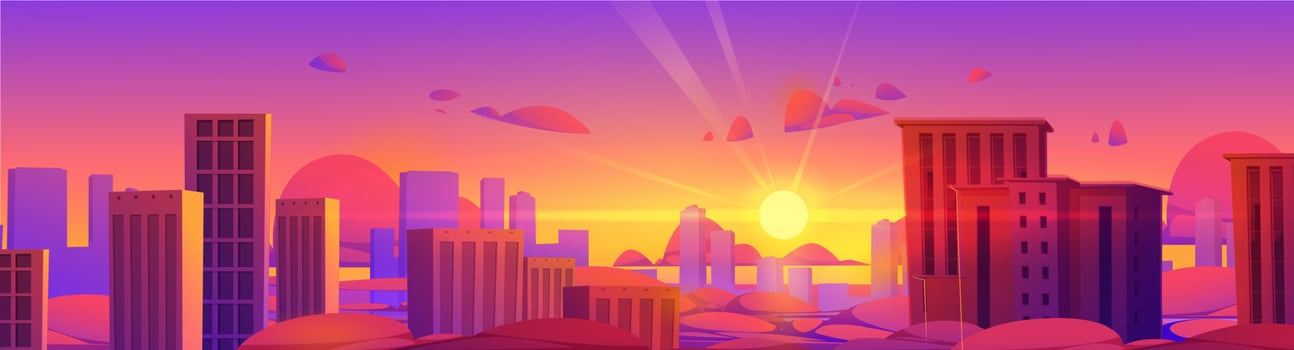 Skyscrapers view above clouds at sunset vector