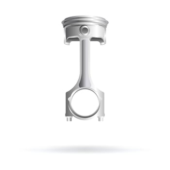 Vector illustration, piston with car connecting rod, steering wheel realistic 3d icon