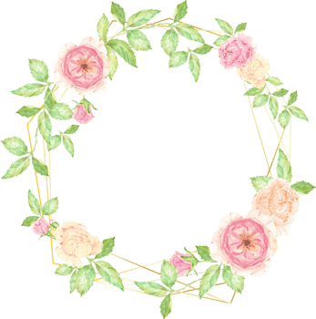 watercolor beautiful English rose flower bouquet wreath with gold frame png