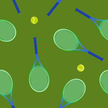 Seamless pattern with tennis rackets and ball on a green background. Vector illustration of a sports seamless background with rackets. Masked pattern with disassembled elements.