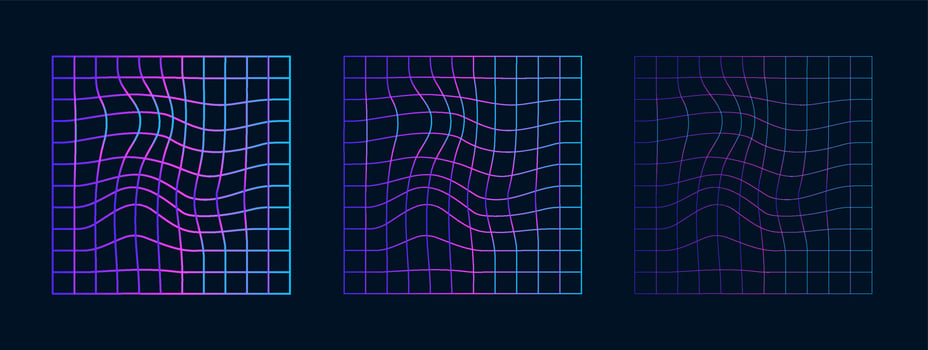 A set of distorted square holographic grids of different thicknesses. Abstract warps deformed. Vector illustration of cyber wavy gradient on cells.