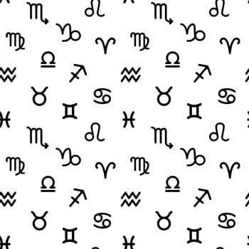 White background with dark elements of zodiac signs. Repetitive seamless pattern for printing on textiles and paper. From bed linen to flyers. vector