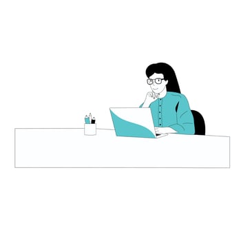 Woman sits at laptop online vector