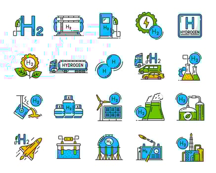 Hydrogen gas renewable energy plant color icon set vector
