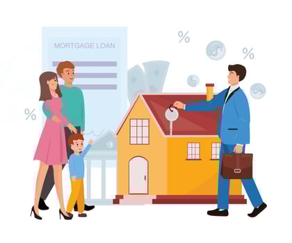 Modern colourful illustration with a family and estate agent giving them the house key. Real estate, mortgage, home property, purchase, credit concept illustration. vector