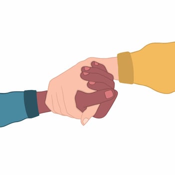 Two People with Different Skin Color Holding Each Other Hand on White Background. Hand Drawn Love Colored Flat Illustration. vector