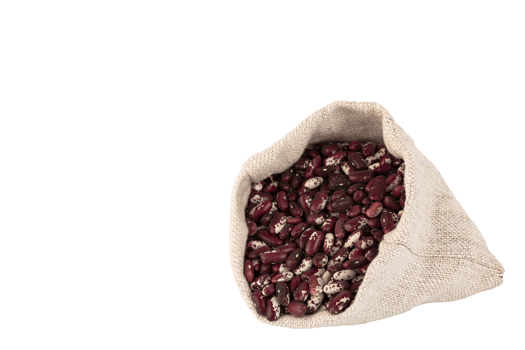 Colored beans, red and white bean seeds in a linen bag, PNG, transparent background. png