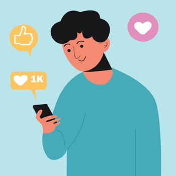 Marketing in social networks.  A guy, a brunette man holding a smartphone in blue, black. vector