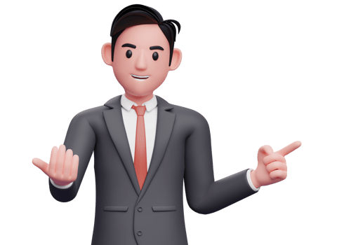 businessman in formal black suit doing come here gesture and pointing to the side, 3d illustration of a businessman pointing and inviting to join png