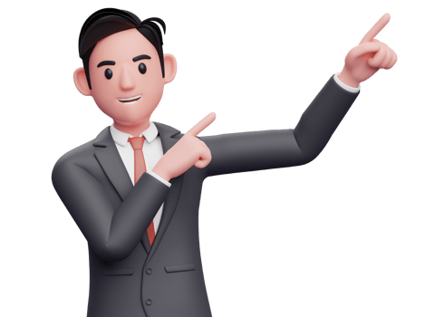 businessman in black suit raising both hands pointing to the top right corner, 3d illustration of a businessman pointing to the top right corner with both finger png