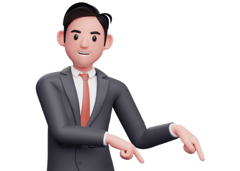 businessman in black suit pointing to the lower right corner, 3d illustration of businessman in brown suit pointing to the lower right corner inviting to subscribe png