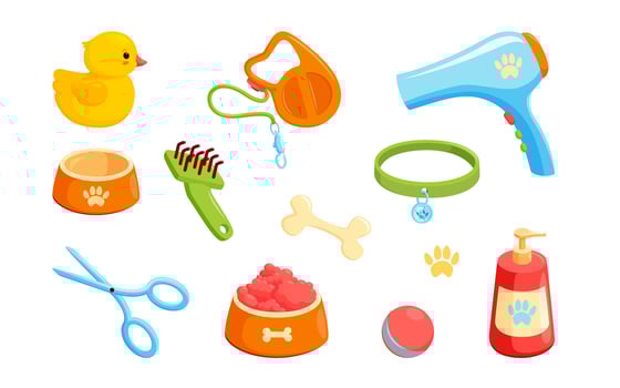 Dog accessories with collar, bowls, duck, combs, shampoo and leash. Puppy stuff for grooming, feeding and games. Vector illustration