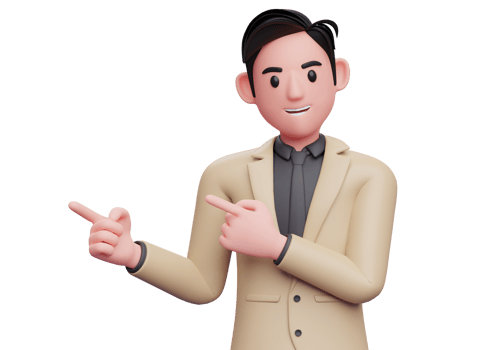 man in brown suit pointing side with both index fingers, 3d illustration of a smart businessman pointing png